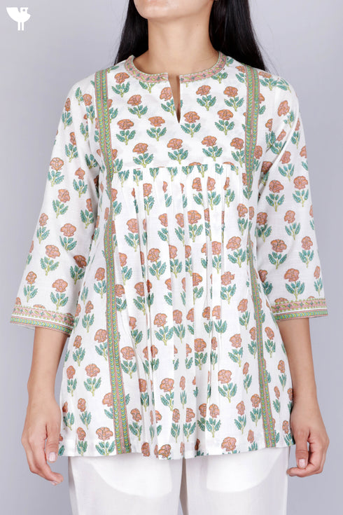 Cambric Cotton Peasant Top In Floral Block Print