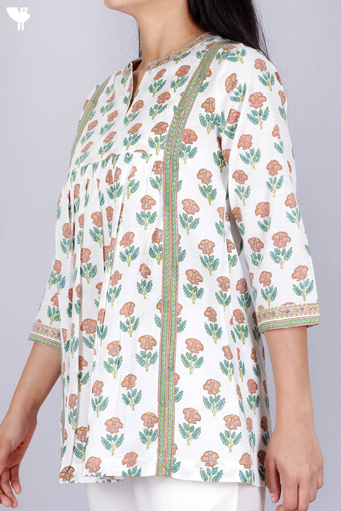 Cambric Cotton Peasant Top In Floral Block Print