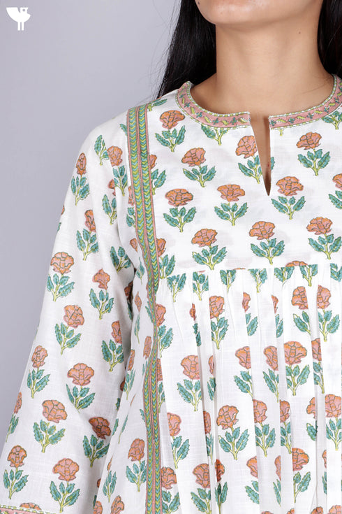 Cambric Cotton Peasant Top In Floral Block Print