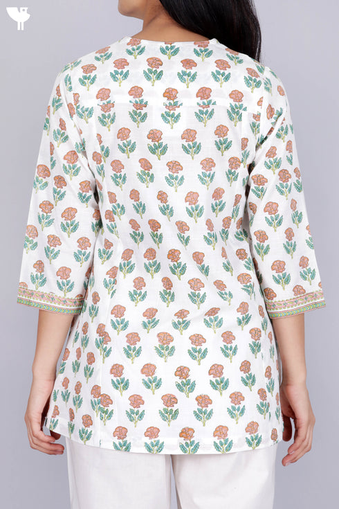 Cambric Cotton Peasant Top In Floral Block Print