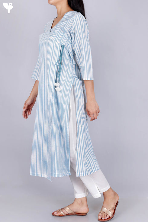 Slub Cotton Angarakha Kurta In Striped Block Print