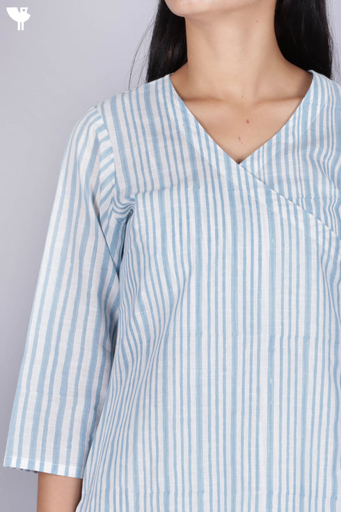 Slub Cotton Angarakha Kurta In Striped Block Print