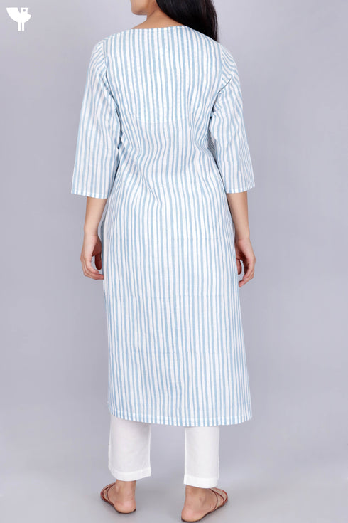 Slub Cotton Angarakha Kurta In Striped Block Print