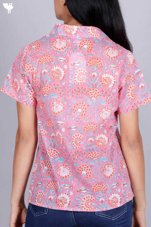 Cambric Cotton Button Down Top In Floral Block Print