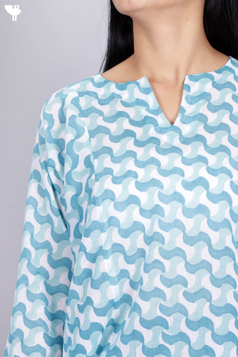 Mulmul Cotton Top In Graphic Block Print