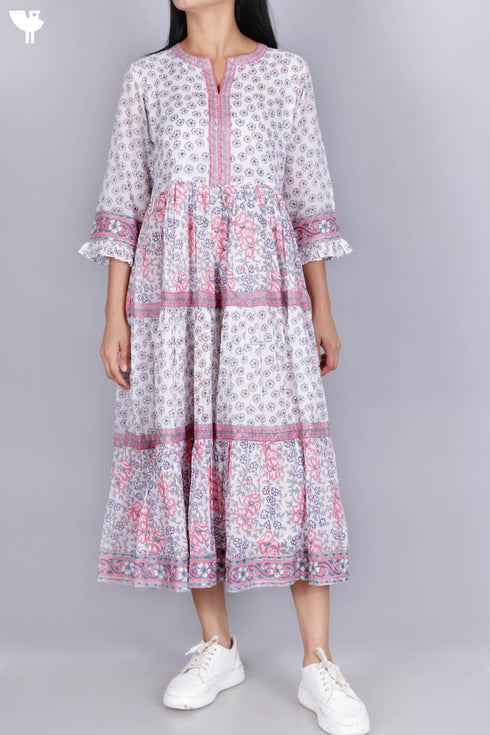 Mulmul Cotton Dress In Floral Block Print