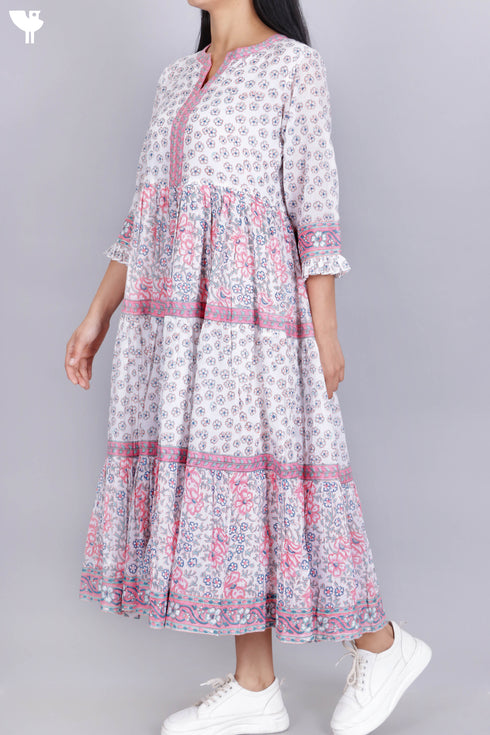 Mulmul Cotton Dress In Floral Block Print