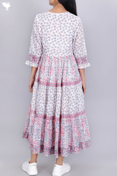 Mulmul Cotton Dress In Floral Block Print