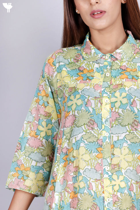 Mulmul Cotton Dress In Floral Block Print