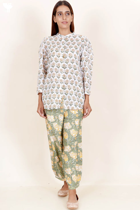 Mulmul Cotton Button Down Topin Floral Block Print