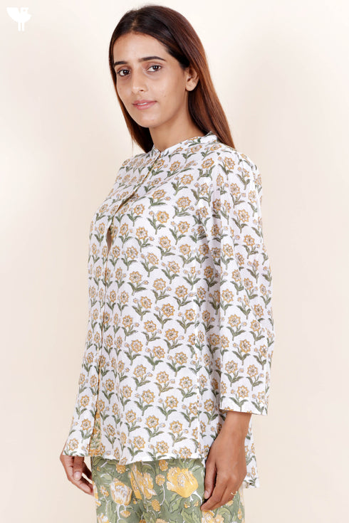 Mulmul Cotton Button Down Topin Floral Block Print