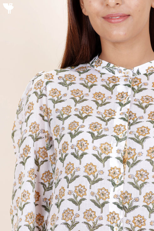 Mulmul Cotton Button Down Topin Floral Block Print