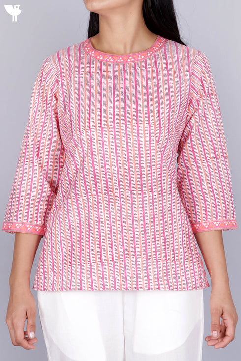 Cambric Cotton Top In Graphic Block Print