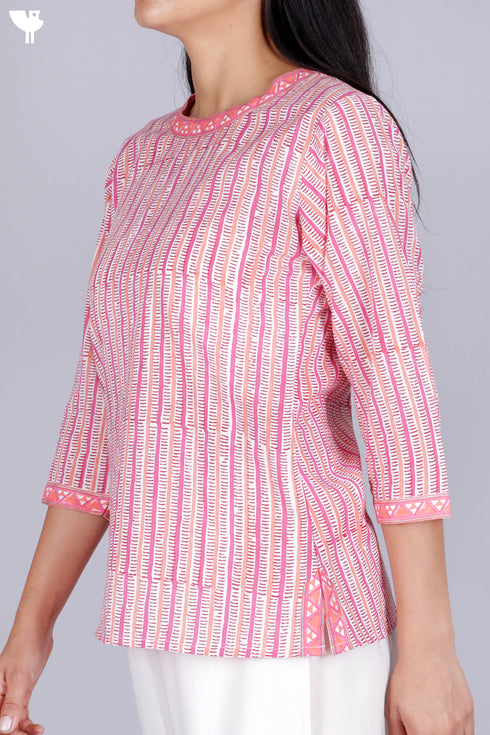 Cambric Cotton Top In Graphic Block Print