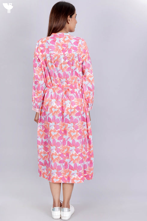 Mulmul Cotton Midi Dress With Floral Block Print