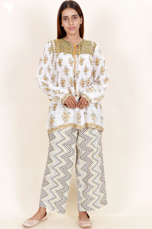 Modal Silk Peasant Top In Floral Block Print