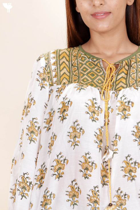 Modal Silk Peasant Top In Floral Block Print