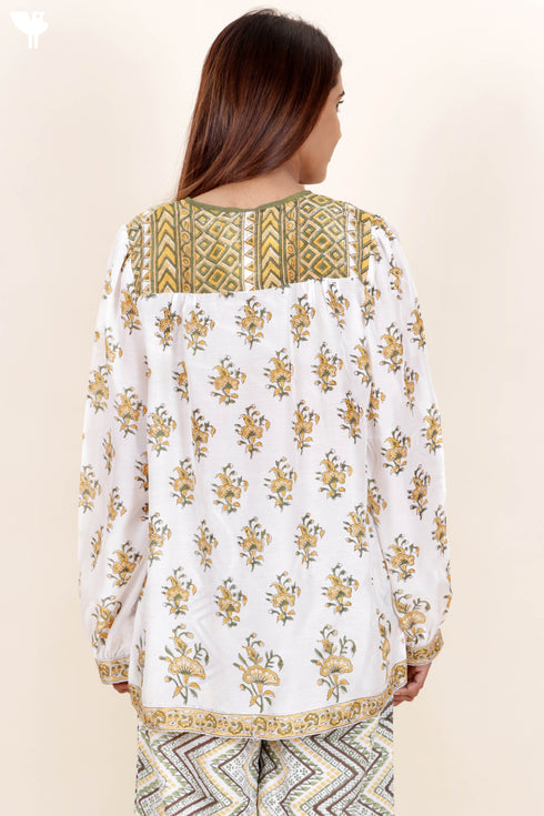 Modal Silk Peasant Top In Floral Block Print