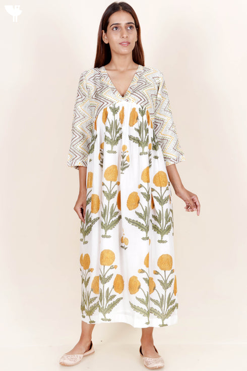 Modal Silk Down Trapeze Dress In Floral Block Print