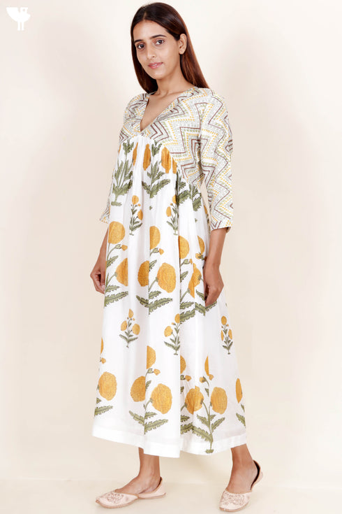 Modal Silk Down Trapeze Dress In Floral Block Print