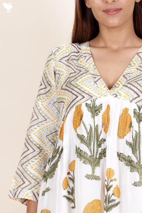 Modal Silk Down Trapeze Dress In Floral Block Print