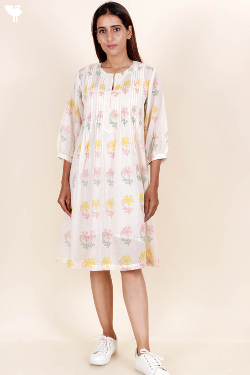 Mulmul Cotton Dress With Floral Block Print