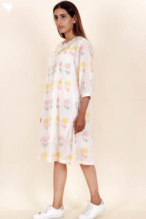 Mulmul Cotton Dress With Floral Block Print