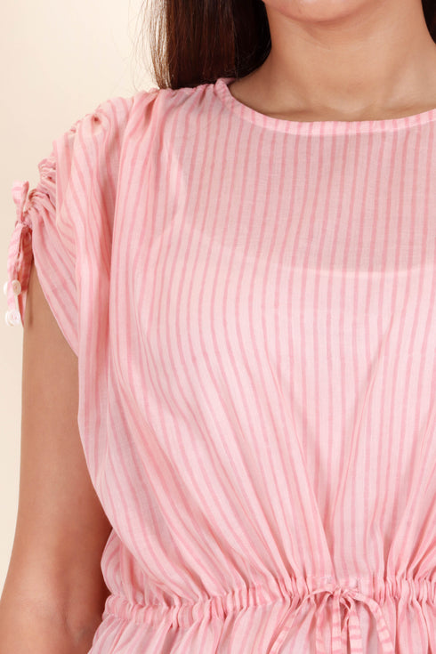 Mulmul Cotton Drawstring Top In Block Print