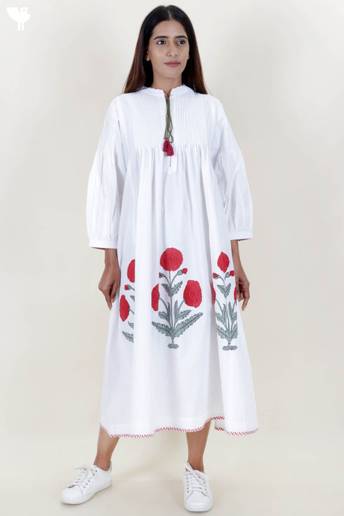 Organic Cotton Pintucked Dress With Block Print