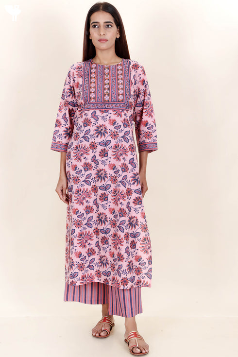 Cambric Cotton Kurta In Floral Block Print