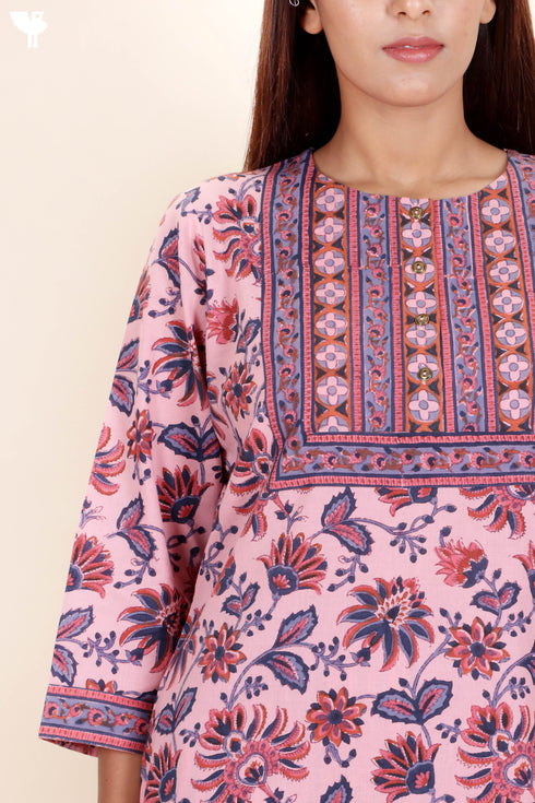 Cambric Cotton Kurta In Floral Block Print