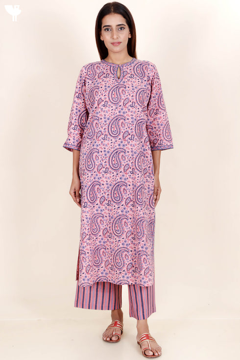 Cambric Cotton Kurta In Paisley Block Print