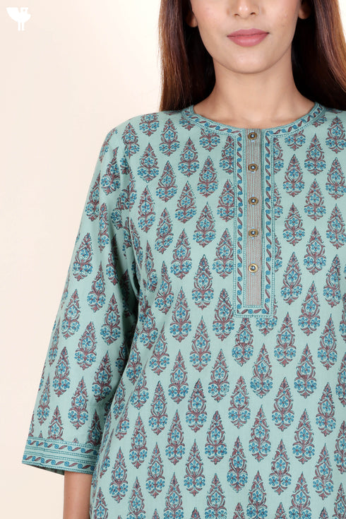 Cambric Cotton Kurta In Floral Block Print