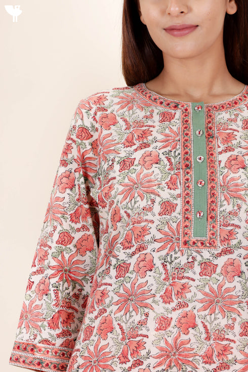 Cambric Cotton Kurta In Floral Block Print