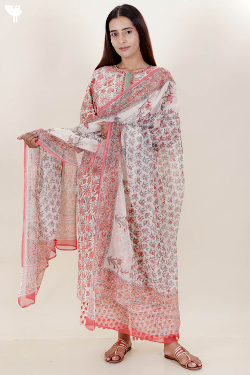 Cambric Cotton Kurta In Floral Block Print