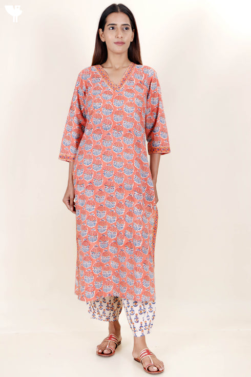 Cambric Cotton Kurta In Floral Block Print
