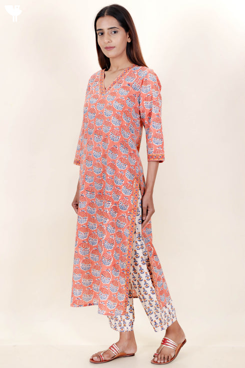 Cambric Cotton Kurta In Floral Block Print