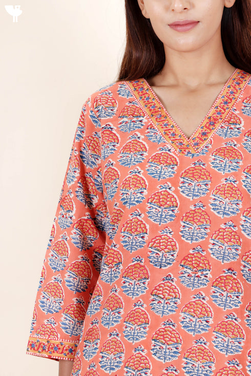 Cambric Cotton Kurta In Floral Block Print