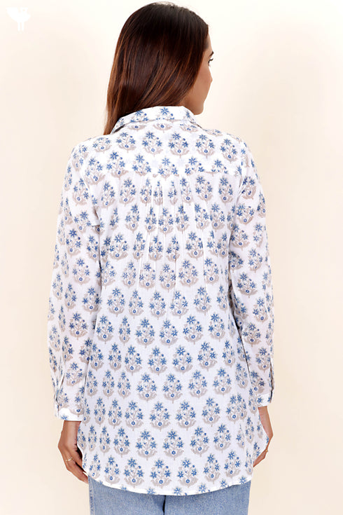 Mulmul Cotton Pleated Shirt In Floral Block Print