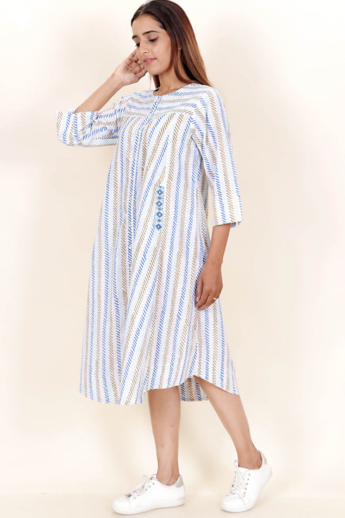 Cambric Cotton Dress In Graphic Block Print