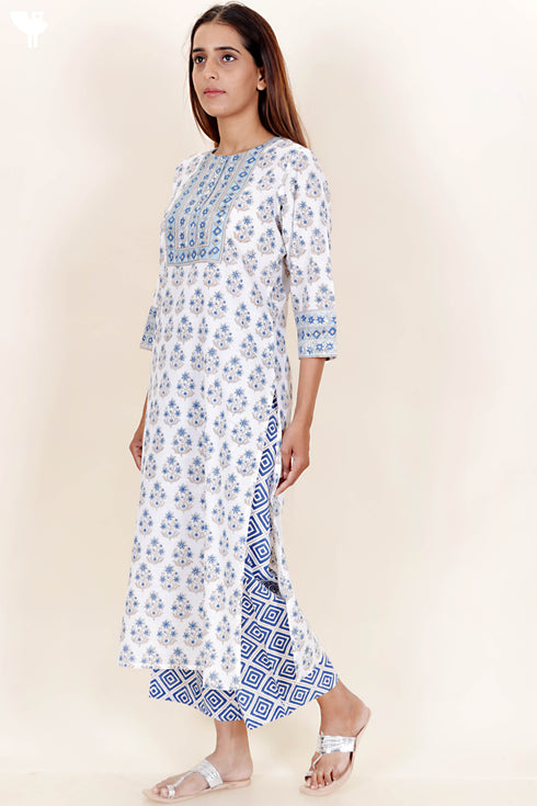Slub Cotton Kurta In Floral Block Print