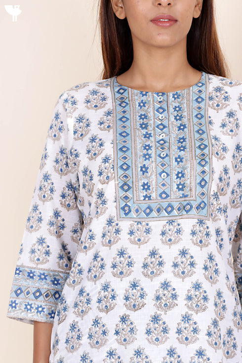Slub Cotton Kurta In Floral Block Print