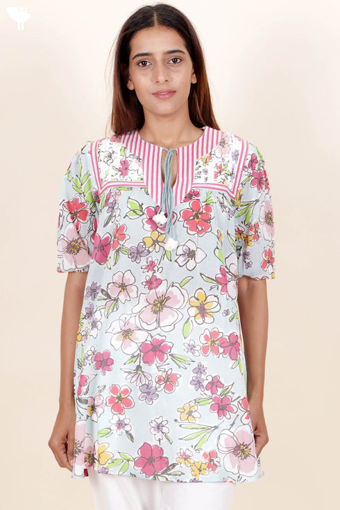 Mulmul Cotton Peasant Top In Floral Print