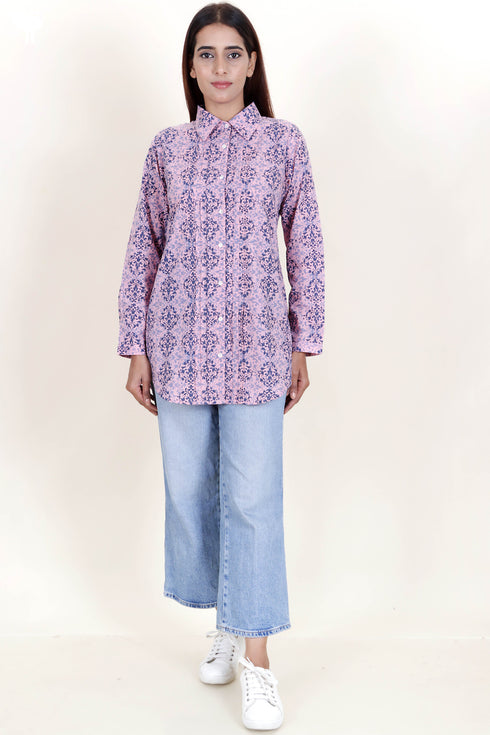 Cambric Cotton Pleated Shirt In Block Print