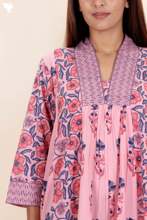 Cambric Cotton Dress In Floral Block Print