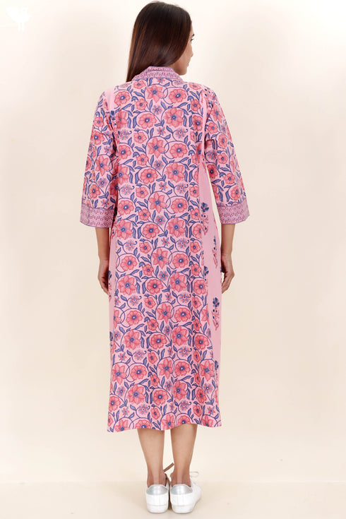 Cambric Cotton Dress In Floral Block Print