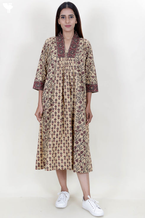 Cambric Cotton Dress In Floral Block Print
