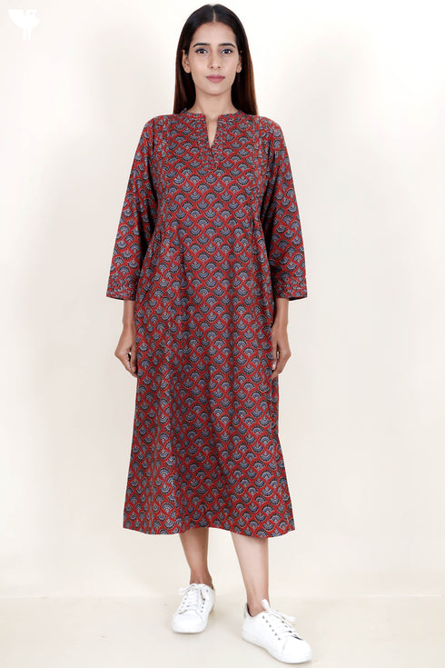Cambric Cotton Midi Dress In Block Print