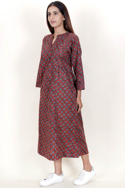 Cambric Cotton Midi Dress In Block Print