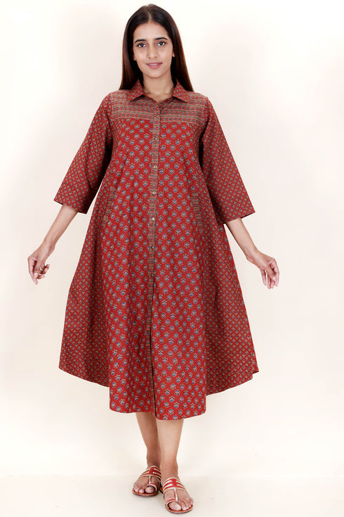 Cambric Cotton Midi Dress In Block Print